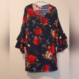 Umgee USA Large Dark Navy floral Print Ruffle Sleeves Mini A Line Dress Mini